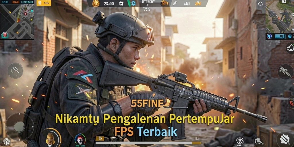 Screenshot dari 55FIVE menunjukkan aksi tembak-menembak yang seru dan grafis memukau.