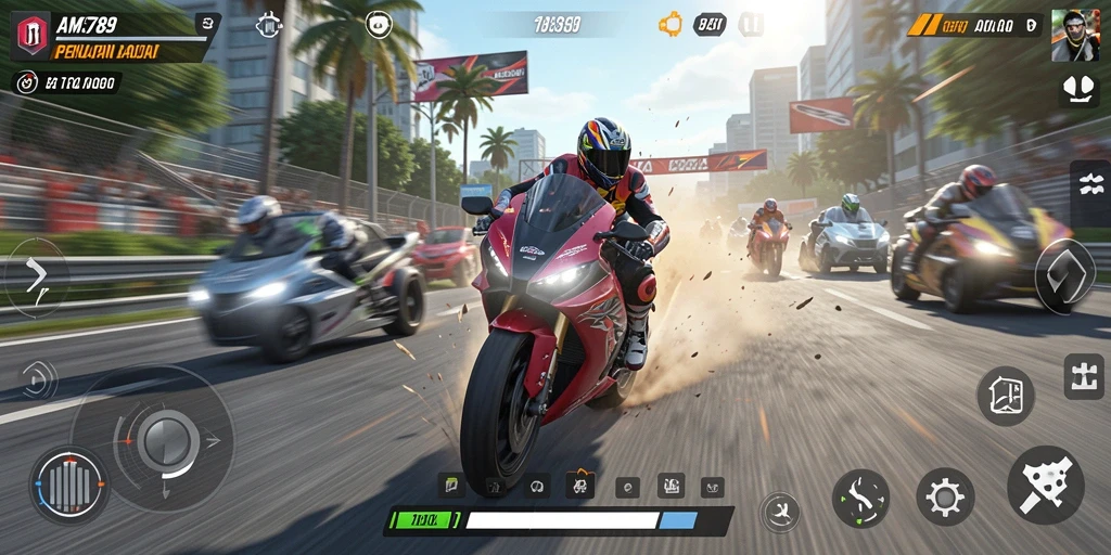 Tangkapan layar menunjukkan aksi seru dalam gameplay balapan motor.