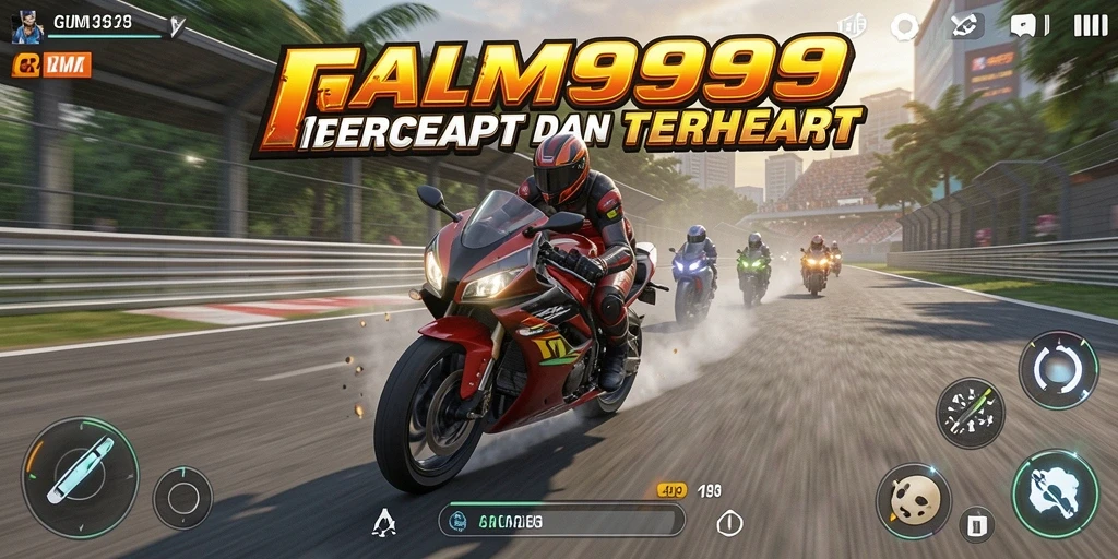 Tampilan gameplay seru GIM999 dengan motor balap yang cepat.