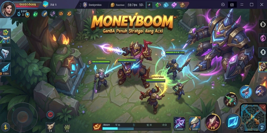 Screenshot MONEYBOOM menampilkan aksi pertarungan tim yang seru dan strategis.