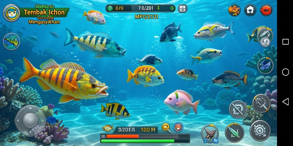 Tampilan gameplay seru dari MPO2121 saat menembak ikan.