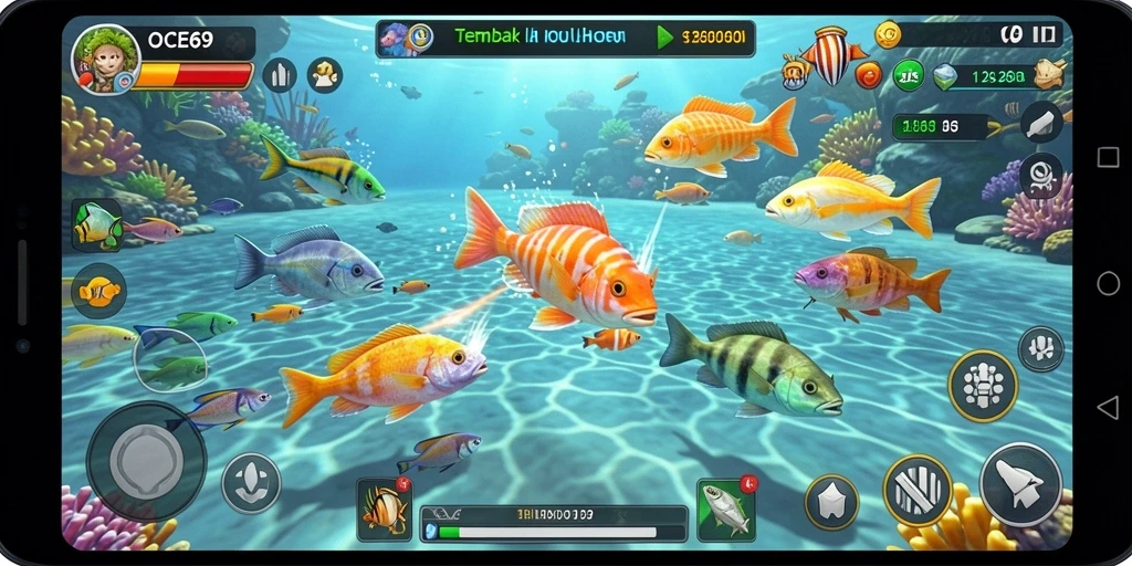 Screenshot gameplay OCE69 dengan ikan-ikan berwarna warni.
